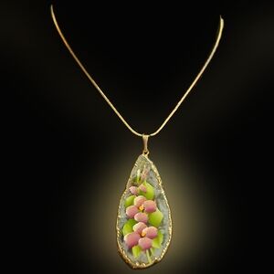 Vintage Handpainted Geode Agate Slice Necklace - Stamped Korea